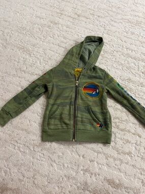 Aviator Nation Olive Green Kids Zip Hoodie with Rainbow Patch